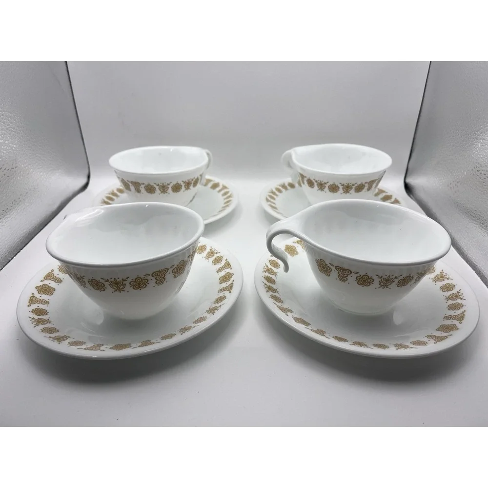 Vintage Corelle Butterfly Gold Teacups Saucers Set 4 Corning Glass White Yellow